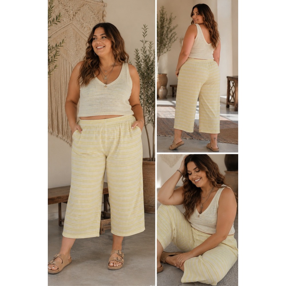 AnyBody Pants Yellow White Striped Wide Leg‎ Cropped Casual 1X